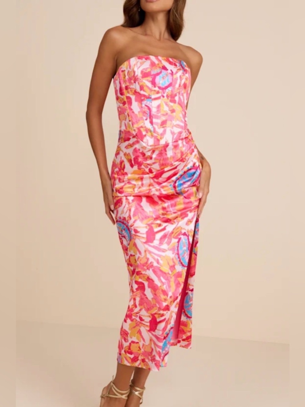 Lulu's Strapless Pink Multi-Print Midi Dress